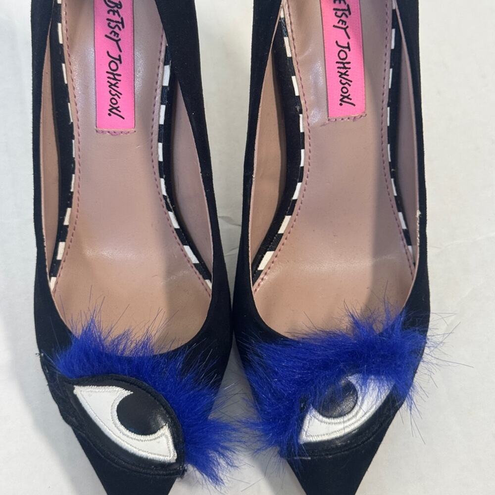 Betsey Johnson Black Eyes Blue Feather Heels Womens 6.5 Artsy Funky Unique - Picture 7 of 10